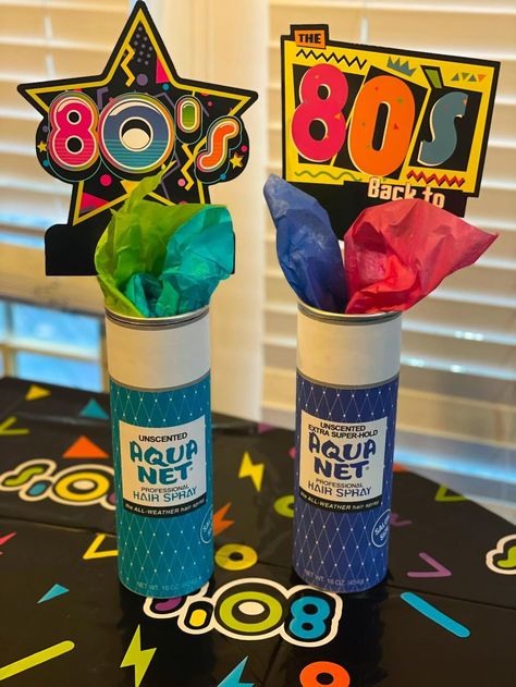 Crafty Fun Group | I threw my mom an 80s themed birthday party and knew aquanet hairsprays were her holy grail during her teen years, but I’m the FARTHEST from crafty ... 80 Themed Party Ideas, 80s Theme 40th Birthday Party Decorations, 80's 40th Birthday Party Ideas, 80s Theme Party Decorations Centerpieces, 1980 Theme Party Ideas, 80’s Centerpieces, 80 Party Decorations 80s Theme, 80s Table Decorations, 80s Party Centerpieces