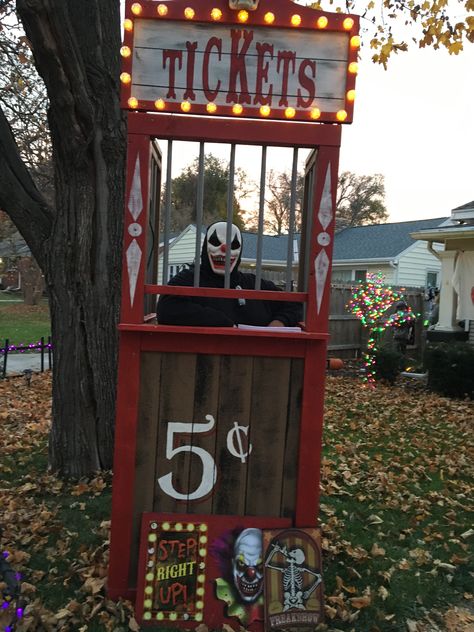 Ticket Booth Diy Ticket Booth Halloween, Diy Ticket Booth, Ticket Booth Halloween, Halloween Ticket Booth, Scary Ticket Booth, Ticket Booth Carnival, Carnival Haunted House, Circus Theme Haunted House, Halloween Tickets