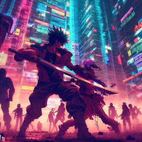 Don't miss out on this one-of-a-kind NFT artwork that will transport you to another dimension. Get ready to fight for your life in Techno-Dystopia: Anime Characters Fight with Zombies! Dystopian Society, Another Dimension, Neon Lights, Neon Lighting, Urban Decay, Cyberpunk, Zombie, Skyscraper, The Darkest