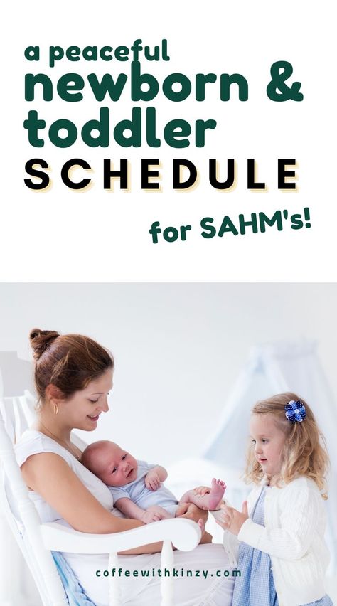 A peaceful newborn and toddler schedule for stay at home mom's. Mom holding baby in rocking chair while toddler girl caresses baby's foot. Mom Schedule With Newborn, Nanny Schedule Daily Routines Infant, Newborn And Toddler Schedule, Toddler And Newborn Schedule, Schedule For Newborn, Toddler Schedule At Home, Schedule Daily Routines, Stay At Home Mom Schedule, Toddler And Newborn