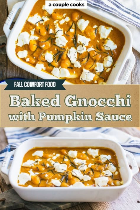 This pumpkin gnocchi bake is comfort food at its finest! It's simple yet sophisticated, with creamy goat cheese dollops and sage. #healthy #mealprep #pumpkin #pumpkinrecipes #gnocchi #bakedgnocchi #pasta #comfortfood Pumpkin Meals Dinners, Pumpkin Gnocchi Recipes, Gnocchi Bake, Vegetarian Thanksgiving Recipes, Pumpkin Gnocchi, Winter Salad Recipes, A Couple Cooks, Creamy Goat Cheese, Baked Gnocchi