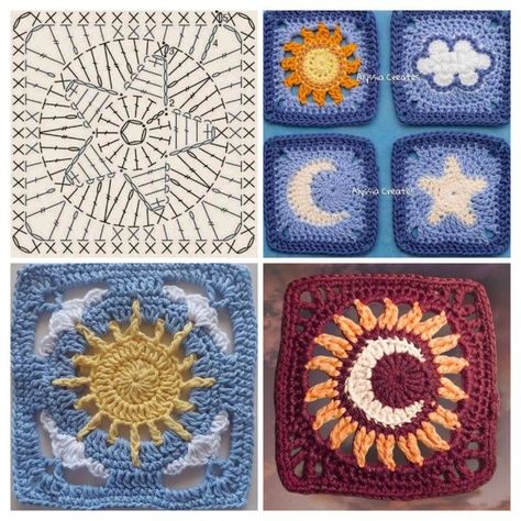 Impressive Crochet Projects, Flower Crochet Pattern Square, Moon Crochet Square Pattern, Star Square Crochet Pattern, Grant Square Crochet Pattern, Crochet Granys Square, Moon Square Crochet, Star And Moon Granny Squares, Sun Granny Square Pattern Free