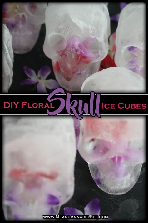 DIY Floral Skull Ice Cubes | Skull Mold | Gothic Cocktails | Halloween in Spring | www.M Skull Ice Cubes, Halloween Ice Bucket, Halloween Ice Cubes, Gothic Cocktails, Spooky Recipes, Community Dinner, Edible Cocktails, Brunch Club, Annabel Lee