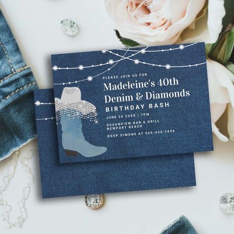 Denim Diamonds Cowgirl Boot Hat Glam 40th Birthday Denim And Diamonds Invitations, Denim Birthday Party Theme, Men Birthday Party Theme, Denim And Diamonds Theme, Bling Birthday Party, Diamond Theme Party, Diamonds And Denim Party, Denim Christmas, Turning Forty