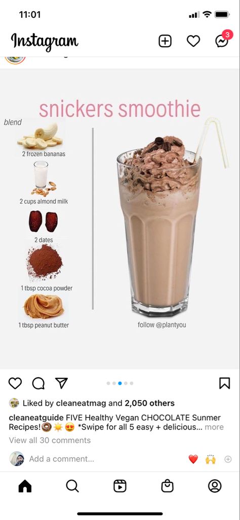 Snicker Smoothie, Snickers Smoothie, Cocoa Powder Recipes, Vegan Shakes, Vegan Chocolate Recipes, Healthy Drinks Smoothies, Healthy Breakfast Smoothies, Breakfast Smoothies, Vegan Treats