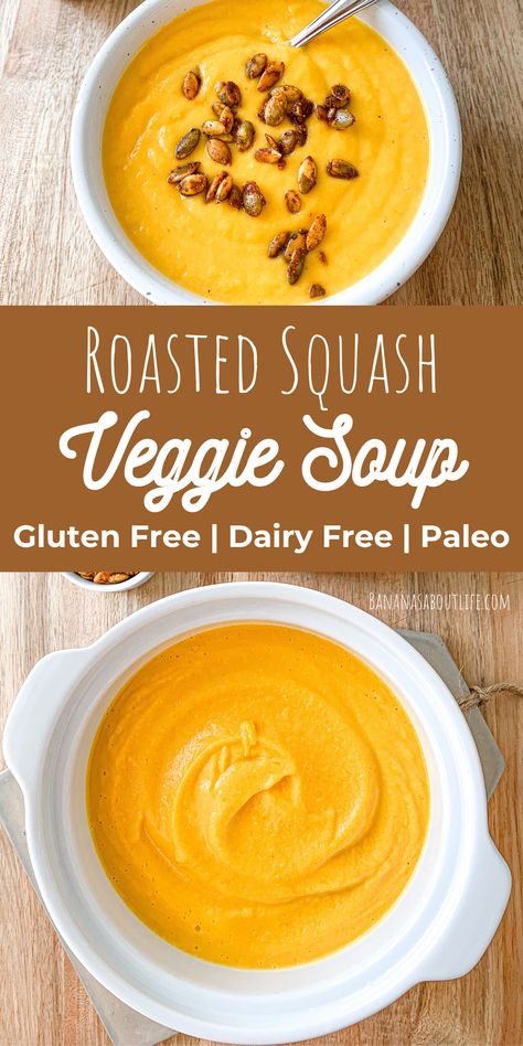 roasted squash veggie soup Squash Soup Dairy Free, Gluten Free Dairy Free Recipes Breakfast, Healthy Vegetarian Soup Recipes, Soup Recipes Healthy Easy, Squash Soup Healthy, Soup Gluten Free Dairy Free, Squash Soup Butternut, Gluten Free Dairy Free Recipes Dessert, Vegan Squash Soup