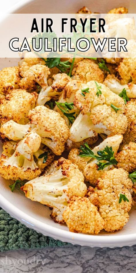 This Crispy Air Fryer Cauliflower is savory, perfectly seasoned, and a deliciously easy side dish or snack! Air Fryer Frozen Cauliflower Recipes, Sweet And Spicy Cauliflower Air Fryer, Air Fryer Cauliflower Recipes Asian, Kung Pao Cauliflower Air Fryer, Air Fryer Cali Flower, Cauliflower Recipes Air Fryer, Air Fryer Cauliflower Recipes, Sweet And Spicy Cauliflower, Air Fryer Cauliflower