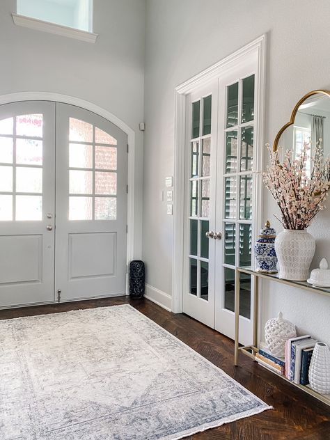 Blue Gray Entryway, Living Room With Front Door Entry, Inside Front Door Decor Entryway, Inside Front Door Decor, Foyer Rugs Entryway, Gray Front Door, Small Foyer Ideas Entryway, Benjamin Moore Coventry Gray, Small Foyer Ideas