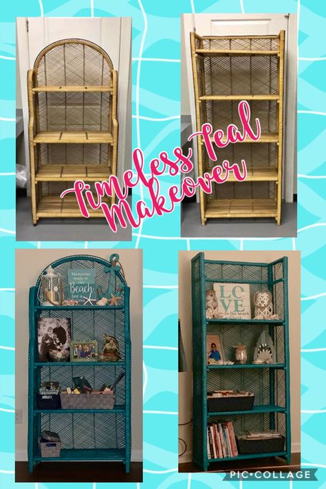 Two vintage wicker/bamboo shelves transformed with love and a lot of teal paint. #coastaldecor Refurbished Bamboo Furniture, Painted Faux Bamboo Furniture, Bamboo Wall Shelf Bathroom, Vintage Wicker Shelf, Vintage Rattan Shelves, Bamboo Shelf, Teal Paint, Bamboo Decor, Vintage Wicker