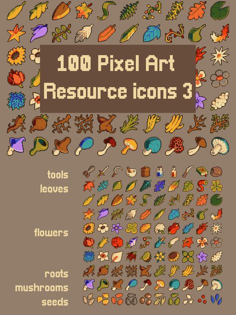 We present to your attention a great set of Nature Things Pixel Art 32×32 Icons. This package will be useful for both beginners and more experienced 2D game developers who want to bring new resources to their game. It contains a lot of high-quality icons in 32×32 resolution, namely: tools (scissors, swords, sickles, mortars, jars, books, etc.), leaves of various shapes and origins, flowers (clover, tulip, sunflower and others), root crops, mushrooms and other resources that may be useful to you. Pixel Art Shapes, Pixel Art Assets, Pixel Art Items, Pixel Art Nature, Pixel Leaves, 32 X 32 Pixel Art, Mushroom Pixel Art, Flower Pixel Art, Pixel Assets