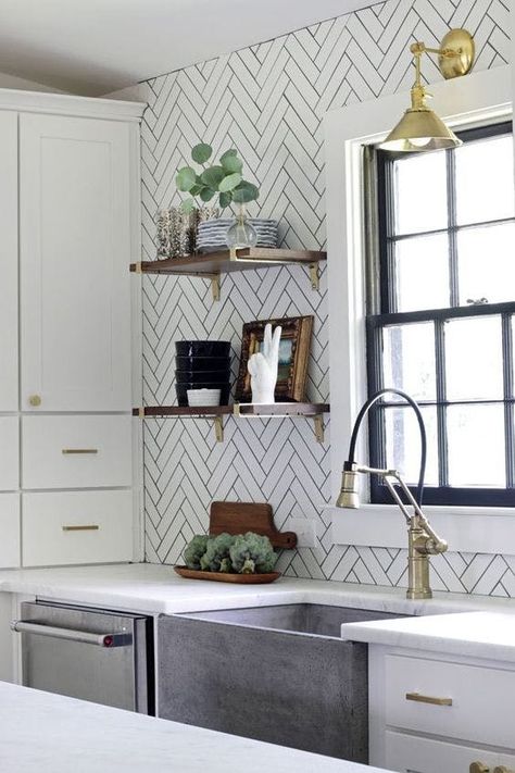 Move Over, Subway Tile: 7 Inexpensive (and Timeless) Backsplash Ideas Kitchen With Chevron Backsplash, Chevron Tile Kitchen Backsplash, Two Toned Kitchen Cabinets Backsplash, Backsplash Kitchen With Grey Cabinets, Kitchen Tiles Grey Cabinets, Kitchen Backsplash With Light Grey Cabinets, Gray Cabinet Backsplash, Basement Kitchen Backsplash, Verticle Subway Tiles Kitchen