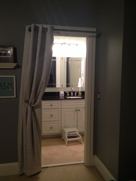 When you have a small bathroom that the door just gets in the way try a curtain that is lined with beautiful hardware!  This works great for a bathroom inside a bedroom! Door Curtain Ideas, Door Curtains Bedroom, Dream Bathroom Master Baths, Bathroom Door Ideas, Door Curtains Kitchen, Hanging Doors, Dream Master, Doorway Curtain, Zen Room