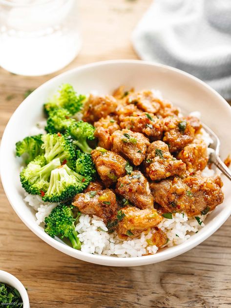 Honey Garlic Pork Rice Bowl Recipe – Pork Recipe — Eatwell101 Honey Garlic Pork Bowl, Pork Chop Rice Bowl, Honey Garlic Pork Rice Bowl, Pork Rice Bowl Recipe, Pork Rice Bowls, Easy Pork Recipe, Pork Bowl Recipe, Pork And Rice Recipes, Meal Board