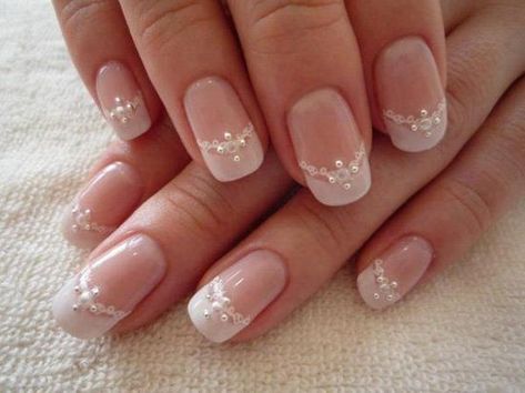 Wedding themed nails with elegant lace and diamond ornaments. Faded French, Wedding Day Nails, Wedding Nail Art Design, Wedding Nails French, French Nail Designs, French Nail, Wedding Nails For Bride, Wedding Nails Design, Super Nails