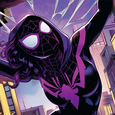 - Created with IA. - Purple Spiderwoman, Silk Spiderman, Spiderman Oc Art, Spiderman Oc, Dark Purple Background, Spider Man Miles, Spider Man Miles Morales, Ultimate Spider Man, Friends Scenes