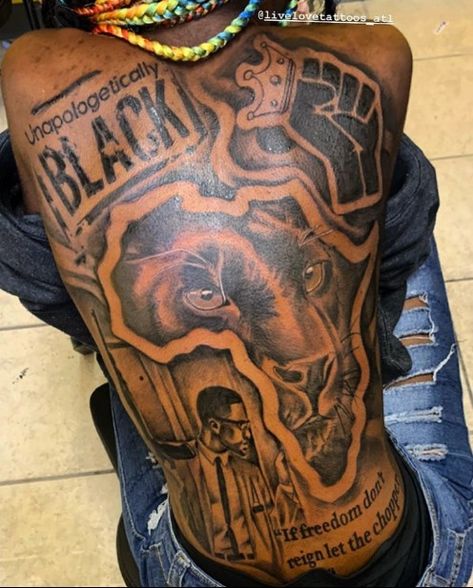 Afro Art Tattoo Ideas, Tattoo For Black Man, Africa Back Tattoo, Black Men Back Tattoos, Black Pride Tattoo, Blm Tattoo Ideas, Black Power Tattoo, African Sleeve Tattoo, Black People Tattoos