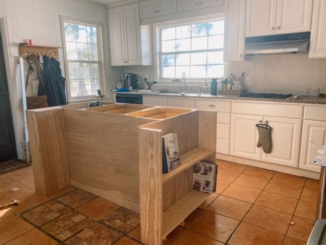 How we made our DIY kitchen island look custom-built - Shoe Makes New Diy Kitchen Island With Seating Easy, Stock Cabinet Island, Diy Kitchen Island From Cabinets, Kitchen Island With Shelves, Diy Kitchen Island With Seating, Island With Shelves, Home Decor Kitchen Island, Decor Kitchen Island, Building Cabinets