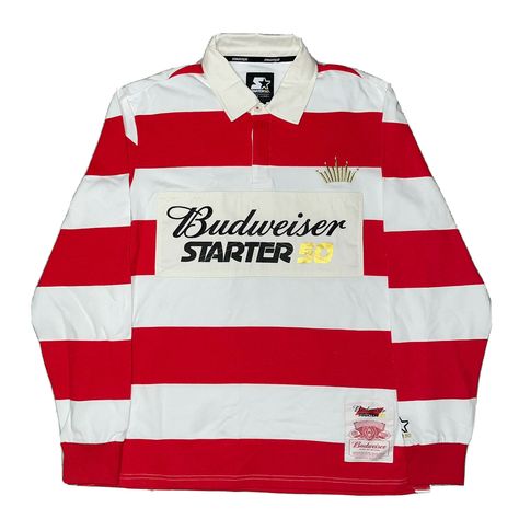 Starter Budweiser Beer Black Label 50 Varsity Stripe Rugby Polo Shirt Men L Ivy League Style Women, Apparel Design Inspiration, Mens Smart Casual Outfits, Masc Outfits, Polo Outfit, Brand Aesthetic, 90s Design, Budweiser Beer, Polo Shirt Design