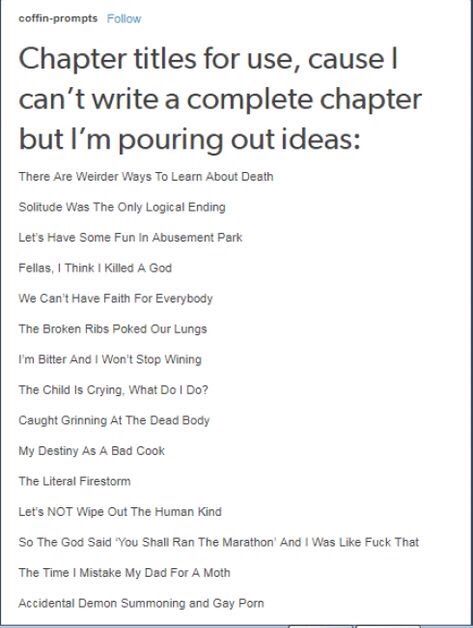 Manga Writing Prompts, Titles For Story Writing, Wattpad Titles Ideas, Chapter Names For Wattpad, Ideas For Chapter Titles, Episode Title Ideas, Chapter Titles Funny, Titles For Chapters, How To Write A Time Skip