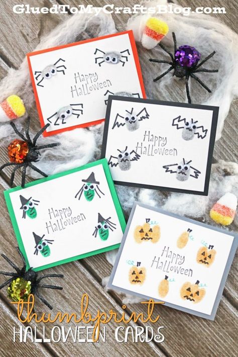 Thumbprint Halloween Cards - Kid Craft Thumbprint Crafts, Halloween Cards Diy, Halloween Activities For Toddlers, Kid Halloween, Cards Craft, Fun Halloween Crafts, Halloween Cards Handmade, Halloween Arts And Crafts, Halloween Preschool