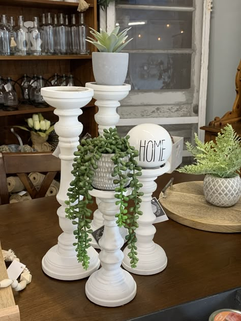 Candle Pillars Decor Ideas, Tall Candle Stick Decor Ideas, Candlesticks And Pillar Candles, Decorating With Candlesticks Farmhouse, Decorating With Candle Holders, Farmhouse Candlestick Decor, Candle Holder Decor Ideas, Tall Candle Holder For Pillars For Mantle, Decorating With Candlesticks