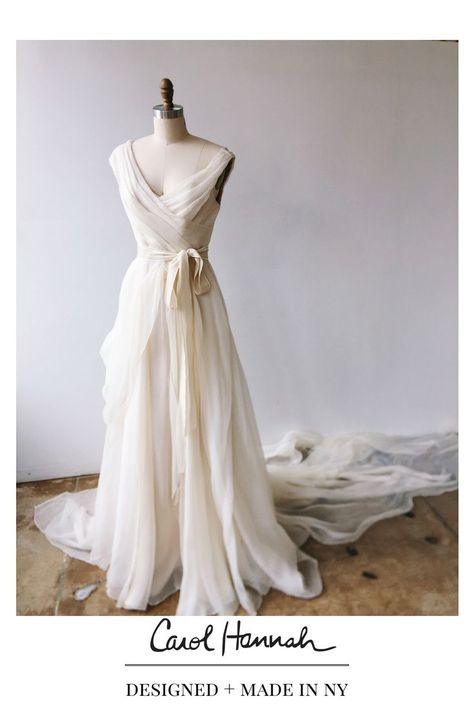 Draped, floaty, gauzy wedding gown with v-neck, tip of the shoulder straps, and flowy skirt. Custom design wedding gowns made in new york. Champagne Evening Dress, Evening Dress Long, Prom Dresses Simple, V Neck Prom Dresses, Graduation Dresses, Chiffon Evening Dresses, Dress Chiffon, A Line Prom Dresses, فستان سهرة