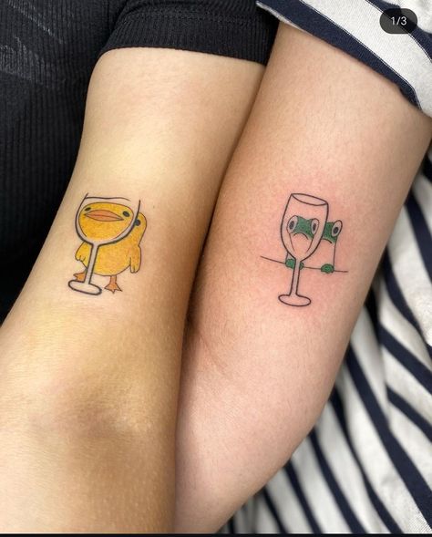 Animal Wine Glass Tattoo, Wine Friends Tattoo, Matching Wine Glass Tattoo, Wine Glass Tattoo, Friends Tattoos, Sister Tattoo Designs, Glass Tattoo, Sister Tattoo, Glass Frog