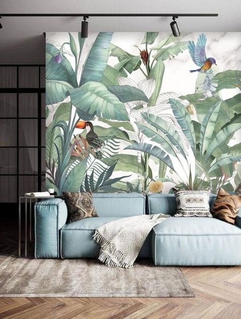 Jungle Nursery Boy, Wildflower Mural, Painting Jungle, Backyard Wall, Jungle Mural, Wallpaper Seamless, Nursery Boy, Tropical Bedrooms, Banana Leaf Wallpaper