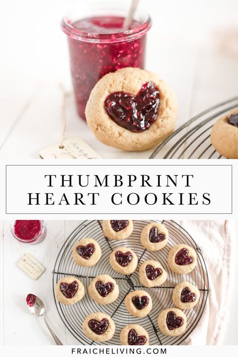 Thumbprint Heart, Heart Cookies Recipe, Crumble Cookie Recipe, Raspberry Thumbprint Cookies, Fraiche Living, Jam Thumbprint Cookies, Jelly Cookies, Thumbprint Cookies Recipe, Raspberry Cookies