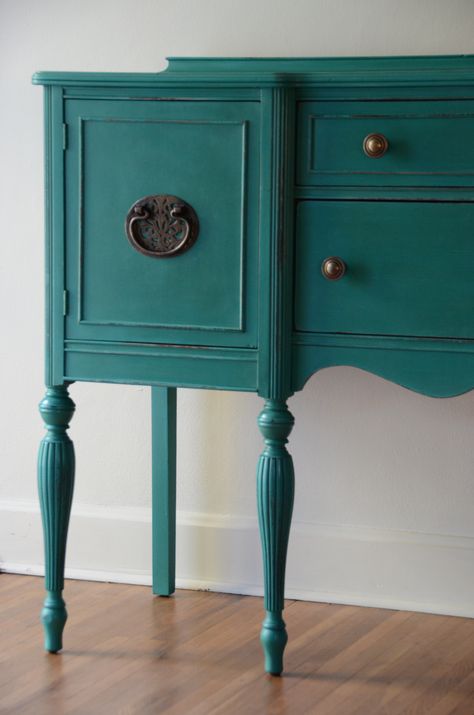 Hand Painted Sideboard/Buffet or entryway furniture by Estuary.  #painted furniture  #teal  #turquoise  #brasspulls Teal Painted Furniture, Turquoise Painted Furniture, Teal Furniture, Green Painted Furniture, Turquoise Furniture, Blue Painted Furniture, Dresser Painted, Painted Sideboard, Painted Bedroom Furniture