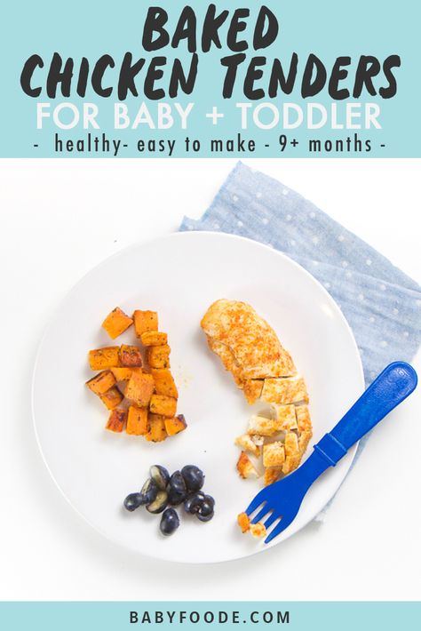 These Baked Chicken Tenders are a healthy alternative to the fried version - perfect for baby and toddler! Served with a side of roasted sweet potatoes and blueberries for a nutrient dense family-friendly meal. Perfect for baby-led weaning or as finger foods - 9+ months and up. #fingerfoods #babyledweaning #babyfood #toddlerrecipes Baked Seasoned Chicken, Chicken Tenders Baked, Baby Led Weaning Breakfast, Blw Recipes, Healthy Fries, Baby Recipes, Baked Chicken Tenders, Baby Led Weaning Recipes, Seasoned Chicken