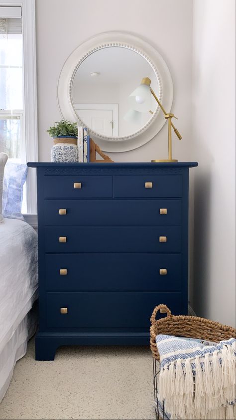 Blue Bedroom Dresser, Navy Blue Vintage Dresser, Blue And Wood Bedroom Furniture, Navy Blue Dresser, Dresser Decor Bedroom, Scandi Bedroom, Blue Room Decor, Blue Dresser, Cottage Room