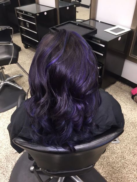 Purple And Blue Highlights Black Hair, Black Hair W Purple Highlights, Black Purple Highlights, Purple To Black Hair, Blue Toned Purple Hair, Dark Purple Chunky Highlights, Black Blue And Purple Hair, Blue Purple Black Hair, Indigo Purple Hair