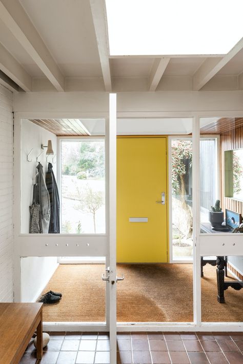 Yellow Door, Pine Walls, Midcentury Home, Yellow Doors, Wall Panelling, The Modern House, Front Door Design, Built In Desk, Prefab Homes