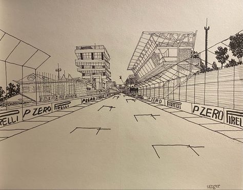 Race Track Drawing, F1 Doodle, F1 Race Track, 1 Point Perspective, F1 Race, One Point Perspective, Spatial Design, Line Sketch, Point Perspective