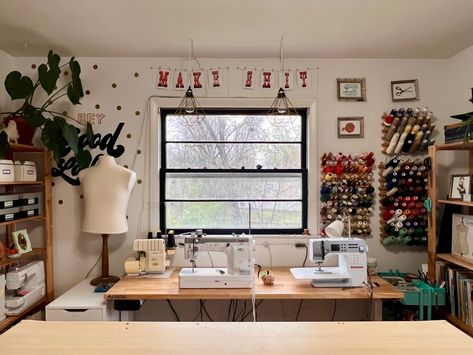 Sewing Studio Space, Craft Room Organisation, Sewing Room Inspiration, Room Organisation, Sewing Room Design, Dream Craft Room, I Just Realized, Craft Room Design, Simple Curtains