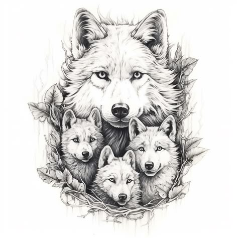 Mother Wolf And Pups Tattoo, Outdoor Sleeve Tattoo, Wolf And Cubs Tattoo, Wolf Mom And Pup Tattoo, Wolf Mom Tattoo, Baby Wolf Tattoo, Wolf Family Tattoo, Wolf And Cub Tattoo Design, Outdoor Tattoo Ideas