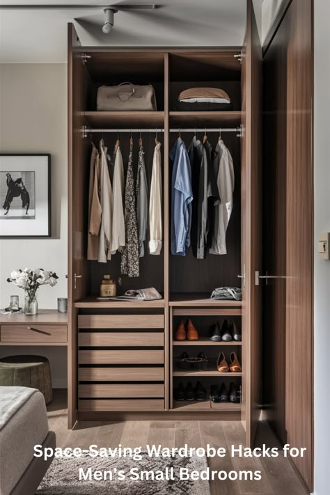 Upgrade your small bedroom storage game, guys! 👔🧳 Discover compact wardrobes that maximize space without sacrificing style. These smart solutions offer:

Multiple compartments for versatile storage
Drawers and shelves for easy organization
Space for clothes, shoes, and accessories
Sleek designs that complement any decor

Perfect for apartments, dorms, or any tight space. Keep your room clutter-free and your style on point! #SmallBedroomIdeasForMen #CompactWardrobe #OrganizedLiving" Inner Wardrobe Storage, Small Bedroom Almirah Design, Clever Wardrobe Ideas Small Spaces, Clothing Cupboard Ideas Wardrobes, Closet Organization Small Bedroom, Open Wardrobe Ideas Small Spaces Bedrooms, Wardrobe Design Bedroom Small Space, Wardrobe Accessories Drawer, Small Wardrobe Interior Design