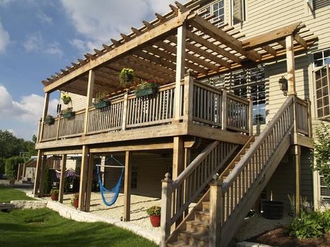 2 story descks and pergolas | story pergola Pergola Modern, Second Story Deck, Deck Remodel, Small Pergola, Cedar Pergola, Pergola Swing, Wooden Deck, Pergola Attached To House, Pergola Design