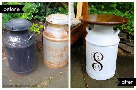 Milk Jug Side Table - stain (Minwax Early American) and clear coat (Minwax clear semi-gloss polyurethane) for the top Milk Jug Table, Milk Can End Table, Tin Milk Jug Decor, Vintage Milk Jug Decor, Milk Can Table, Old Milk Jugs, Milk Can Decor, Metal Milk Jug, Old Milk Cans