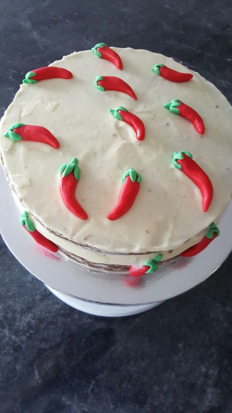 Chilli themed carrot cake Hot And Spicy Party Theme, Chilli Theme Party Ideas, Spicy Birthday Theme, Spicy Theme Party, Chilli Party, Pepper Cake Design, Chili Pepper Themed Party, Chilli Decorations, Chili Pepper Decorations