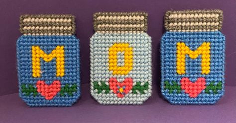 "Set of 3 mason jar magnets spelling \"MOM\" made from 7 count plastic canvas....each jar measures approximately 2.5\" wide x 3.5\" high. Will look sweet on your fridge or wherever you can display magnets. Great little Mother's Day gift.  You are purchasing one set of 3 magnets." Display Magnets, Mini Mason Jars, Baby Afghan, Baby Afghan Crochet, Plastic Canvas Patterns Free, Afghan Crochet, Canvas Ideas, Baby Afghans, Nintendo Nes