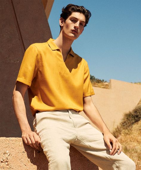 Zara Man Summer 2019 Linen Fashion Editorial | The Fashionisto Zara Men Summer, Zara Men Outfits, Linen For Men, Style Anglais, Yellow Polo Shirt, Linen Men, Mens Editorial, Linen Fashion, Mary Kate Olsen