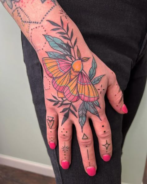 Rosy Moth Tattoo, Rosie Maple Moth Tattoo, Maple Moth Tattoo, Rosey Maple Moth Tattoos, Rosy Maple Moth Art, Moth Hand Tattoo, Rosy Maple Moth Tattoo, Rosy Maple Moth, Body Tattoo Design