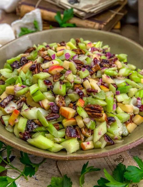 Harvest Celery Apple Salad - Monkey and Me Kitchen Adventures Apple Celery Salad Recipe, Celery Apple Salad, Wfpbno Recipes, Monkey And Me Kitchen Adventures, Monkey And Me, Lemon Chicken Piccata, Celery Recipes, Celery Salad, Church Picnic