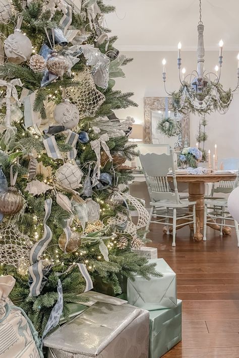 Christmas Cottage Home Tour - Live Oak Nest, French Cottage Farmhouse French Country Christmas Tree, Pretty Ornaments, Diy Cottage, Caribbean Christmas, Christmas Foyer, Pretty Christmas Ornaments, Blue Christmas Tree Decorations, French Country Christmas, Farm Christmas