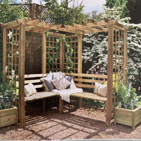 Corner Arbour, Arbour Seat, Garden Sitting Areas, Corner Pergola, Wooden Arbor, Back Garden Design, Pergola Design, Corner Garden, Garden Arbor