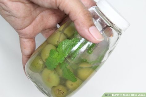 How to Make Olive Juice: 15 Steps (with Pictures) - wikiHow How To Make Juice, Fresh Olives, Olive Jar, Olive Juice, Drinking Party, Peppermint Leaves, Cucumber Tomato, Glass Mason Jars, Banana Flavored