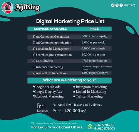 Digital Marketing Services Price List, Marketing Agency Price List, Digital Marketing Price List, Social Media Marketing Price List, Marketing Price List, Google Search Ads, Price List Design, Graphic Design Portfolio Inspiration, Social Media Branding Design