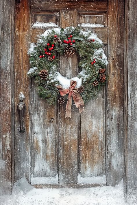 Rustic wooden door with a snow-covered wreath of evergreen, red berries, and pine cones, set against a wintery backdrop. Woodsy Farmhouse, Candle Centerpieces Elegant, Rustic Candle Centerpieces, Rustic Christmas Decor Ideas, Birch Candles, Rustic Christmas Decor, Holiday Aesthetic, Christmas Planters, Evergreen Wreath